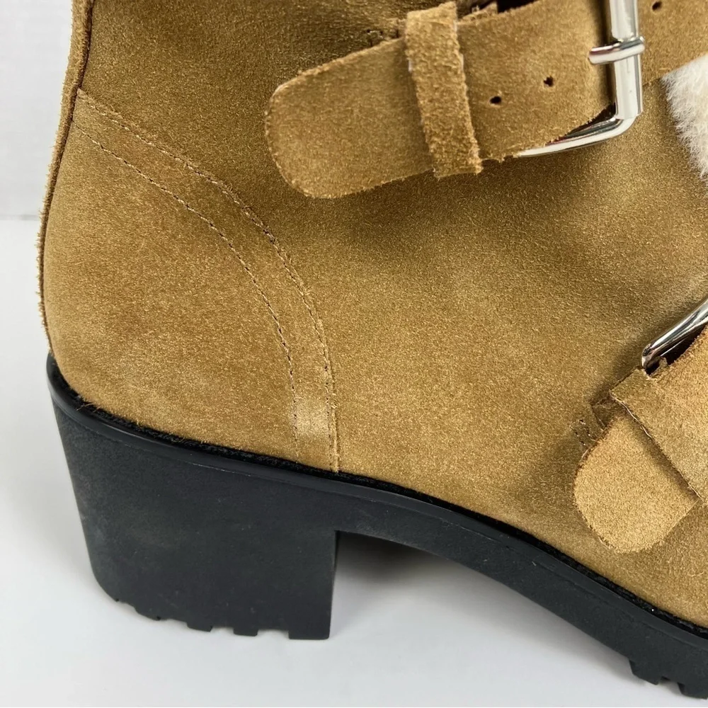 Saks Fifth Avenue Hailey Suede Chunky Winter Boots w Buckles Faux Fur Trim Sz 10